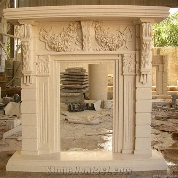 Beige Amande Limestone Fireplace,Modern Style Fireplace,Handcarved Fireplace
