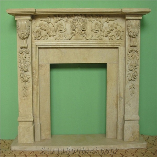 Beige Amande Limestone Fireplace,Modern Style Fireplace,Handcarved Fireplace