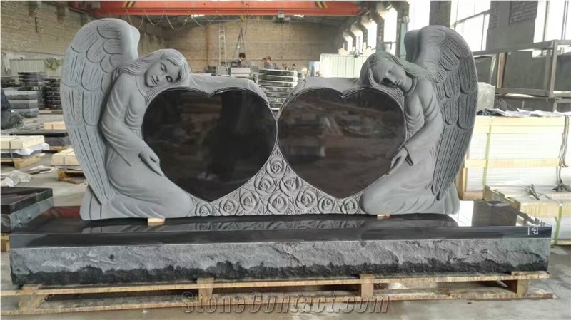 Shanxi Black Carved Monument, Two Hearts Tombstone, Rose Carving Black Headstone with Base, Western Style Memorial Stone