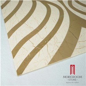 Crema Marfil & Golden Beige Marble Pattern Medallion Tiles Floor