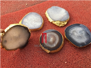 White Blue Pink Agate Rubane With Gold Leaf Slabs & Tiles