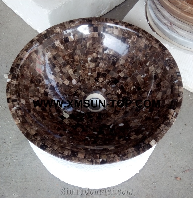 Dark Emperador Marble Mosaic Bathroom Sinks&Basin(420x140x20mm)/Brown Round Mosaic Kitchen Sinks&Basins/Natural Stone Mosaic Basins&Sinks/Wash Basins/Interior Decorative/Customized Mosaic Basin&Sinks
