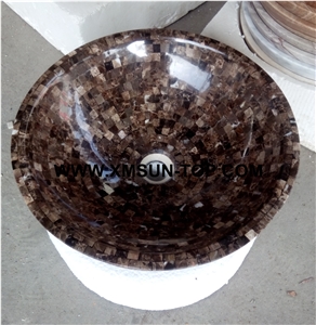 Dark Emperador Marble Mosaic Bathroom Sinks&Basin(420x140x20mm)/Brown Round Mosaic Kitchen Sinks&Basins/Natural Stone Mosaic Basins&Sinks/Wash Basins/Interior Decorative/Customized Mosaic Basin&Sinks