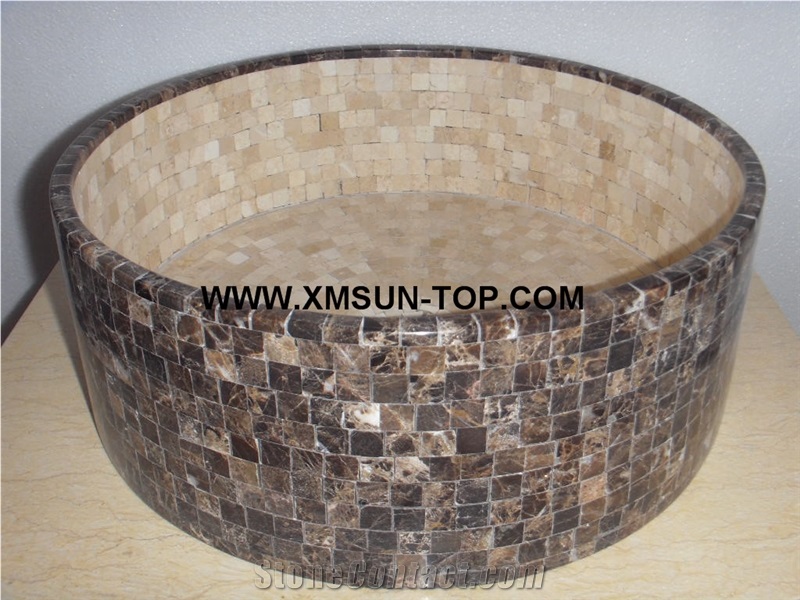 Dark Emperador Marble Mosaic Bathroom Sinks&Basin/Brown Round Mosaic Kitchen Sinks&Basins/Natural Stone Mosaic Basins&Sinks/Wash Basins/Interior Decorative/Customized Mosaic Basin&Sinks