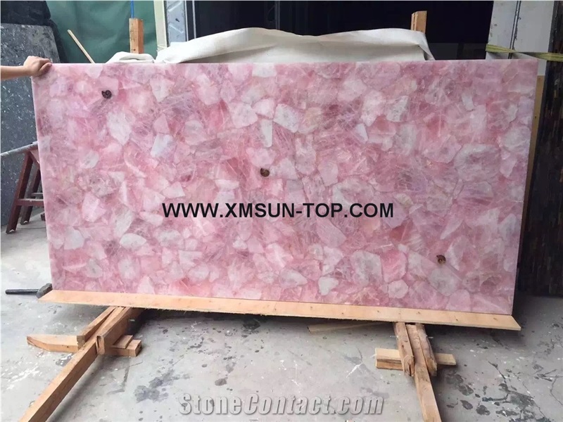 Pink Crystal Semi-Precious Stone Table Tops/Pink Reception Counter/Semiprecious Stone Reception Desk/Gemstone Work Top/Square Table Tops/Polished Desktops/Interior Stone