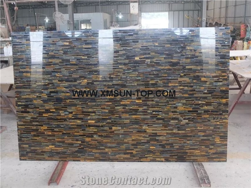 Polished Yellow and Blue Tiger Eye Semiprecious Stone Slabs& Gangsaw Big Slab&Customized & Wall/Mixed Color Semi Precious Stone Panels/Multicolor Gemstone Slabs/Interior Decoration