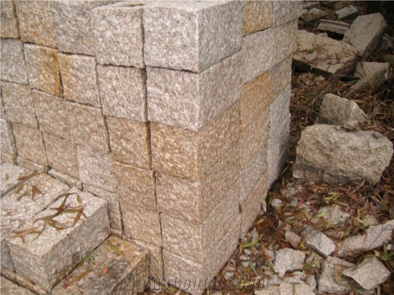 G682 Sawn Pineappled,All Sides Picked Golden Rust, Yellow Rusty Granite, Pavers,Yellow Granite,Pineapple Paving Stone,Golden Granite Pavers, Cobble Flooring,Cube Stone,China Sunset Gold Granite
