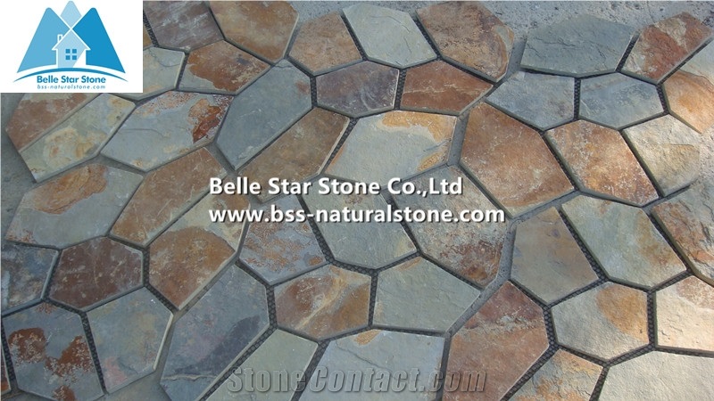 Rusty Split Face Slate Meshed Flagstone,Multicolour Slate Patio Stones,Copper Rust Slate Landscaping Stones,Autunm Rose Landscape Pavers,Flagstone Walkway,Flagstone Wall Cladding,Sunset Flagstone