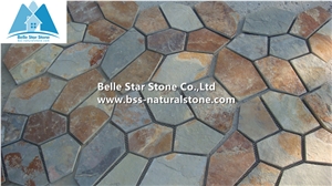 Rusty Split Face Slate Meshed Flagstone,Multicolour Slate Patio Stones,Copper Rust Slate Landscaping Stones,Autunm Rose Landscape Pavers,Flagstone Walkway,Flagstone Wall Cladding,Sunset Flagstone