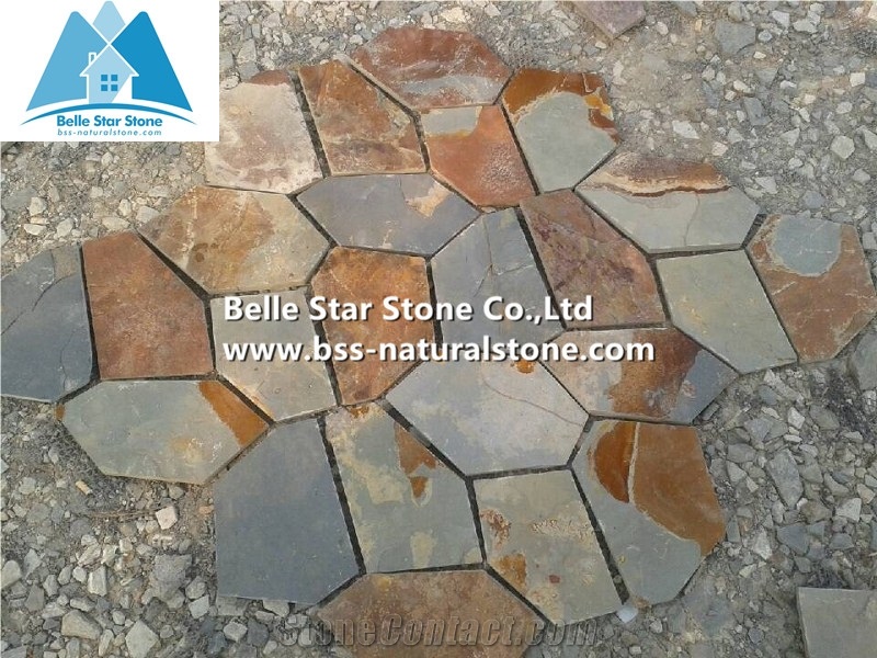 Rusty Split Face Slate Meshed Flagstone,Multicolour Slate Patio Stones,Copper Rust Slate Landscaping Stones,Autunm Rose Landscape Pavers,Flagstone Walkway,Flagstone Wall Cladding,Sunset Flagstone