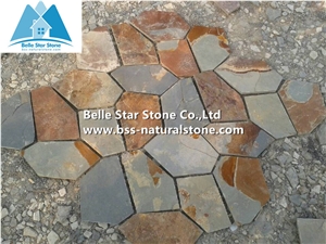Rusty Split Face Slate Meshed Flagstone,Multicolour Slate Patio Stones,Copper Rust Slate Landscaping Stones,Autunm Rose Landscape Pavers,Flagstone Walkway,Flagstone Wall Cladding,Sunset Flagstone