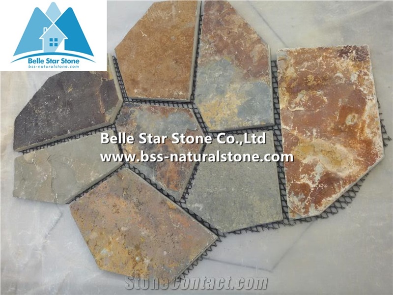 Rusty Split Face Slate Meshed Flagstone,Multicolour Slate Patio Stones,Copper Rust Slate Landscaping Stones,Autunm Rose Landscape Pavers,Flagstone Walkway,Flagstone Wall Cladding,Sunset Flagstone