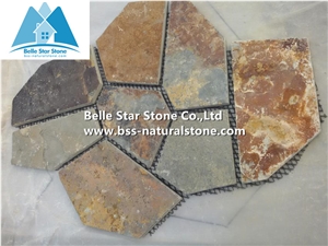 Rusty Split Face Slate Meshed Flagstone,Multicolour Slate Patio Stones,Copper Rust Slate Landscaping Stones,Autunm Rose Landscape Pavers,Flagstone Walkway,Flagstone Wall Cladding,Sunset Flagstone