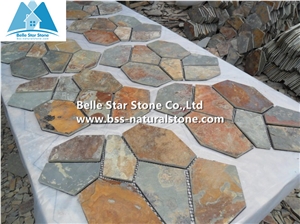 Rusty Split Face Slate Meshed Flagstone,Multicolour Slate Patio Stones,Copper Rust Slate Landscaping Stones,Autunm Rose Landscape Pavers,Flagstone Walkway,Flagstone Wall Cladding,Sunset Flagstone