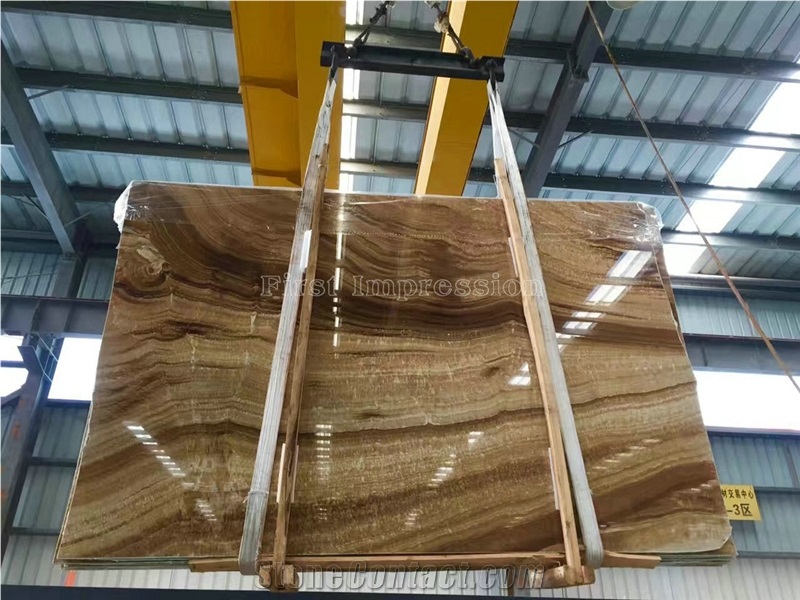 New Polished Yellow Wood Grain Onyx Slabs & Tiles/China Dark Yellow Onyx Slabs for Tv & Sofa Wall/Best Price Wooden Onyx Big Slabs/Luxury Brown Onyx