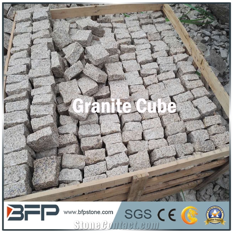 G682 China Yellow Rustic Golden Sand Sunset Yellow Desert Gold Granite Flamed or Cleft or Bushhammered Cube Stone Paver
