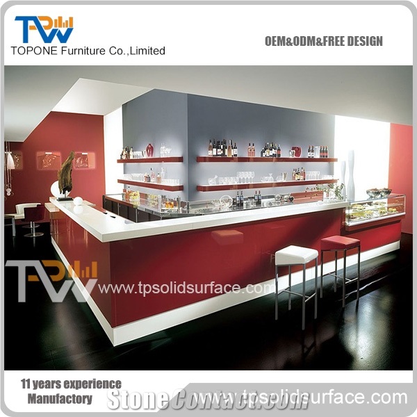 Artificial Marble Stone L Shape Bar Counter Tops, Acrylic Solid Surface L Shape Red Bar Counter Tops for Sale