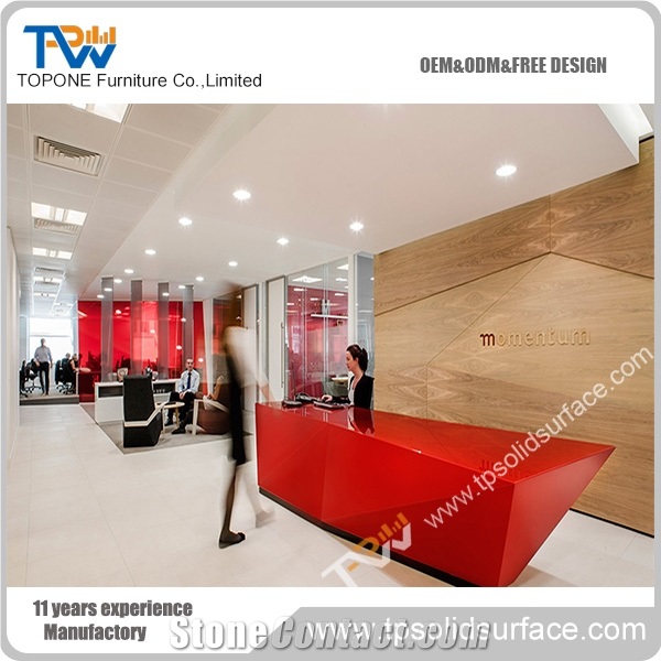 Red Color Acrylic Solid Surface Fancy Design Salon Receptioin Desk, Red Artificial Marble Stone Straight Salon Front Desk Tops