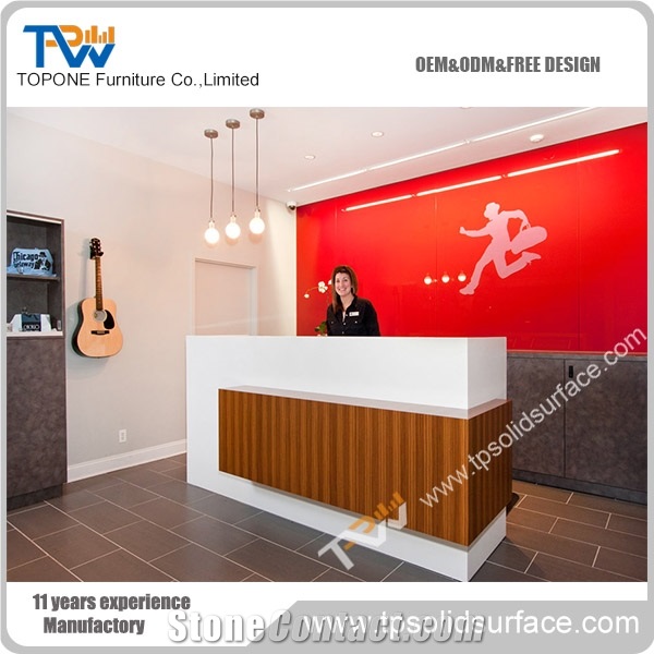Simple Design Straight White Artificial Marble Stone Front Table Tops/Corian Acrylic Solid Surface Reception Desk Tops Office Stone Furniture for Sale