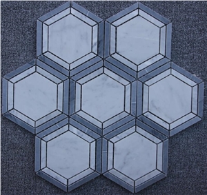 Natural Marble Carrara White Hexagon with Long Stirp/Small Dot Mosaic Tiles
