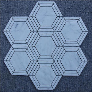 Natural Marble Carrara White Hexagon with Long Stirp/Small Dot Mosaic Tiles
