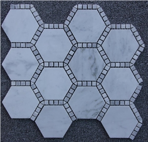 Natural Marble Carrara White Hexagon with Long Stirp/Small Dot Mosaic Tiles