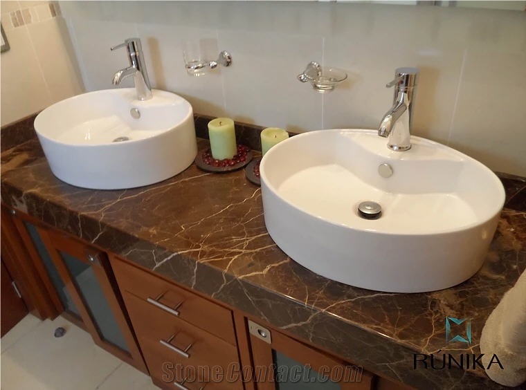 Marron Emperador Vanity Top with Vessel Wash Basins