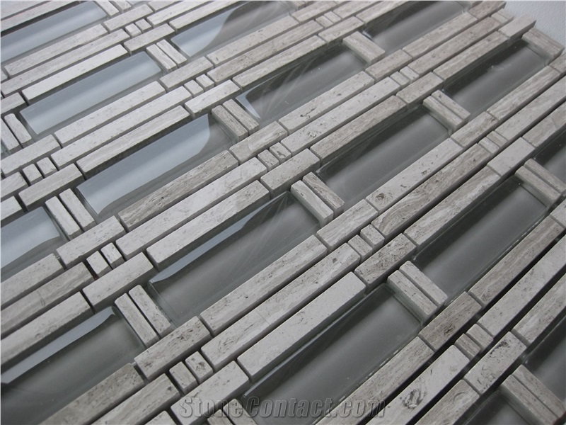 Light Wood Marble Mix Grey Crystal Glass Mosaic Tile