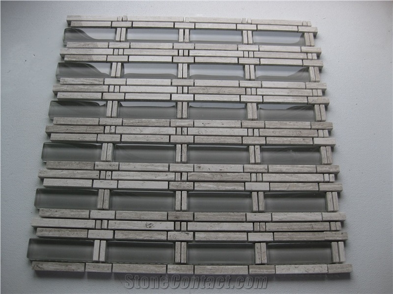 Light Wood Marble Mix Grey Crystal Glass Mosaic Tile
