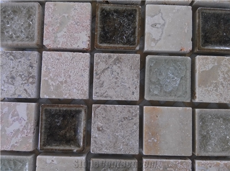 Mesh Mounted Travertine Mosaic Mix Ceramic Crackle Glass Mosaic Tile