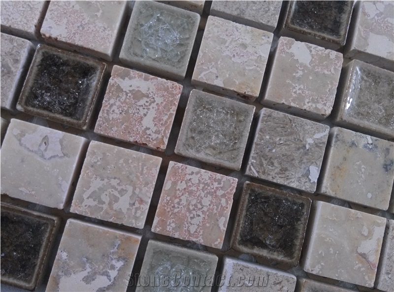 Mesh Mounted Travertine Mosaic Mix Ceramic Crackle Glass Mosaic Tile