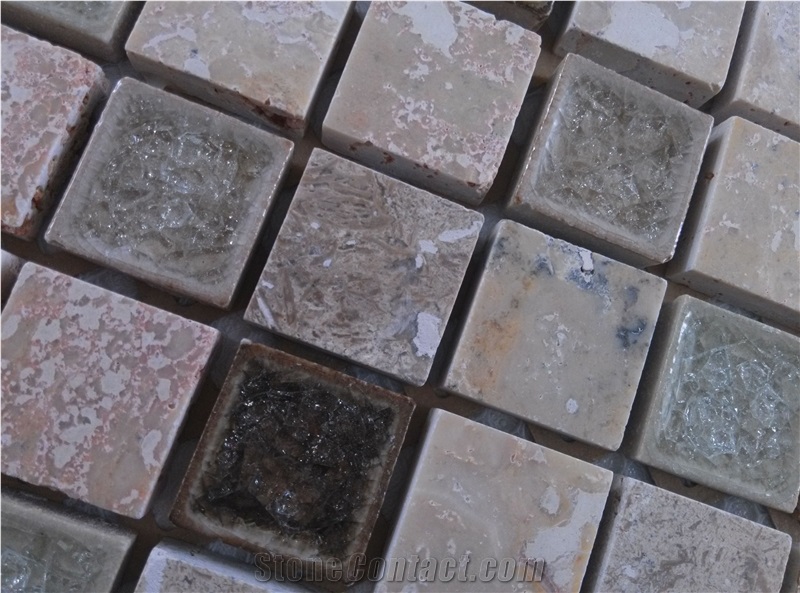 Mesh Mounted Travertine Mosaic Mix Ceramic Crackle Glass Mosaic Tile