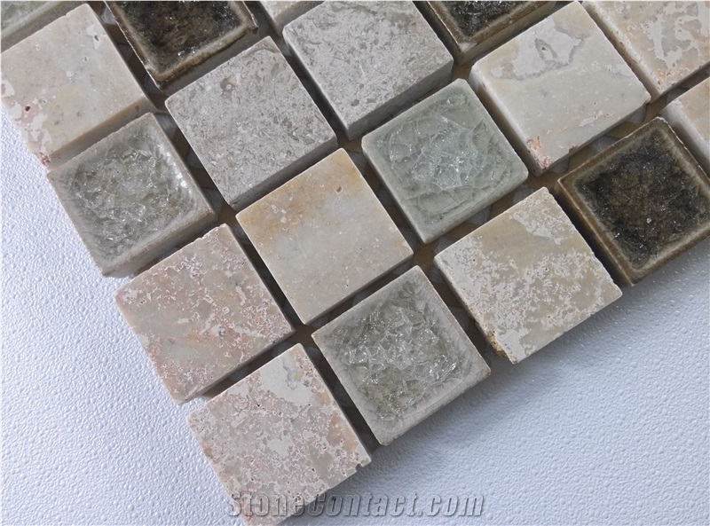 Mesh Mounted Travertine Mosaic Mix Ceramic Crackle Glass Mosaic Tile