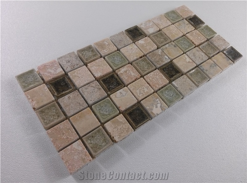 Mesh Mounted Travertine Mosaic Mix Ceramic Crackle Glass Mosaic Tile
