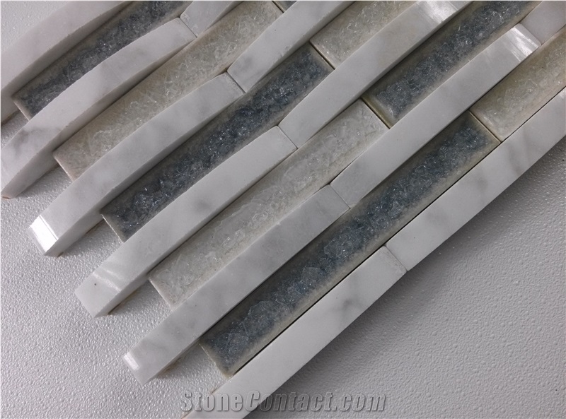 White Carrara Mix Crackle Ceramic Glass Mosaic Mesh Mounted Tile