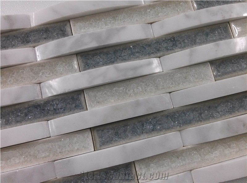 White Carrara Mix Crackle Ceramic Glass Mosaic Mesh Mounted Tile