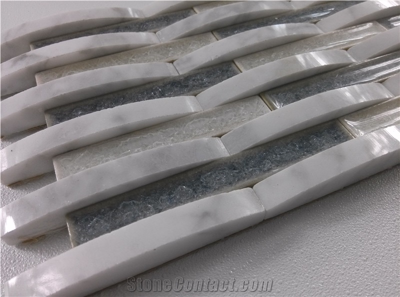White Carrara Mix Crackle Ceramic Glass Mosaic Mesh Mounted Tile