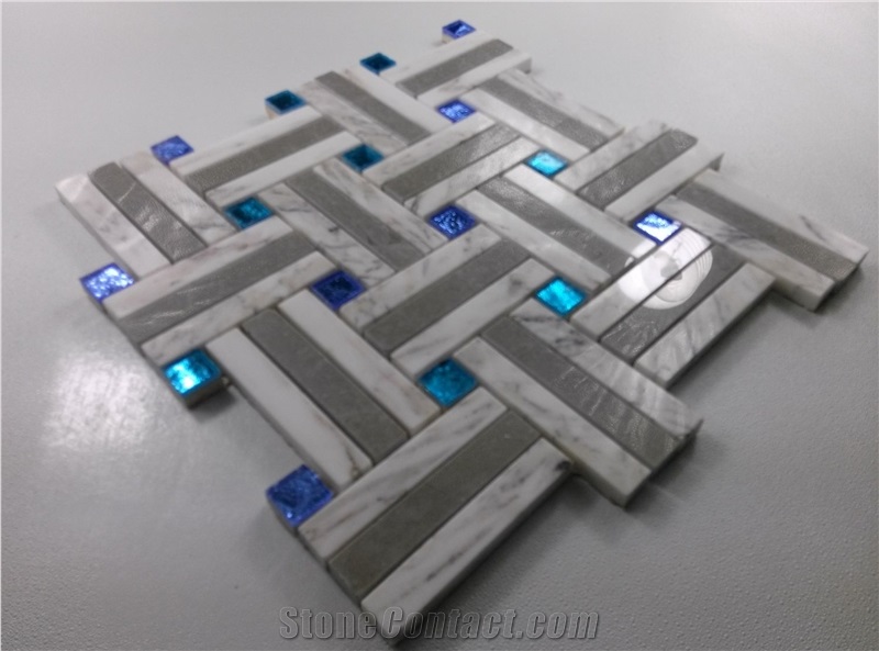 White Marble Mix Shinny Glass Mosaic Tile