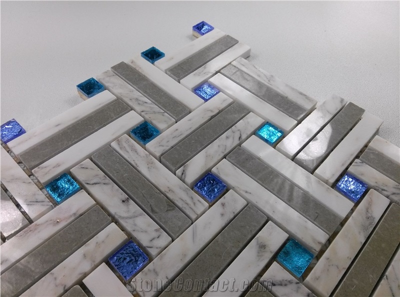 White Marble Mix Shinny Glass Mosaic Tile