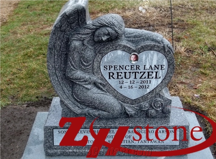 Good Quality Hand Craft Angel with Heart Single Sesame Grey/ G623 Granite Tombstone Design/ Western Style Monuments/ Upright Monuments/ Angel Monuments/ Heart Tombstones