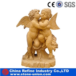 Beige Limestone Angel Statue, a Couple Angel Carved from Chinese Factory , Human Marble Sculpture