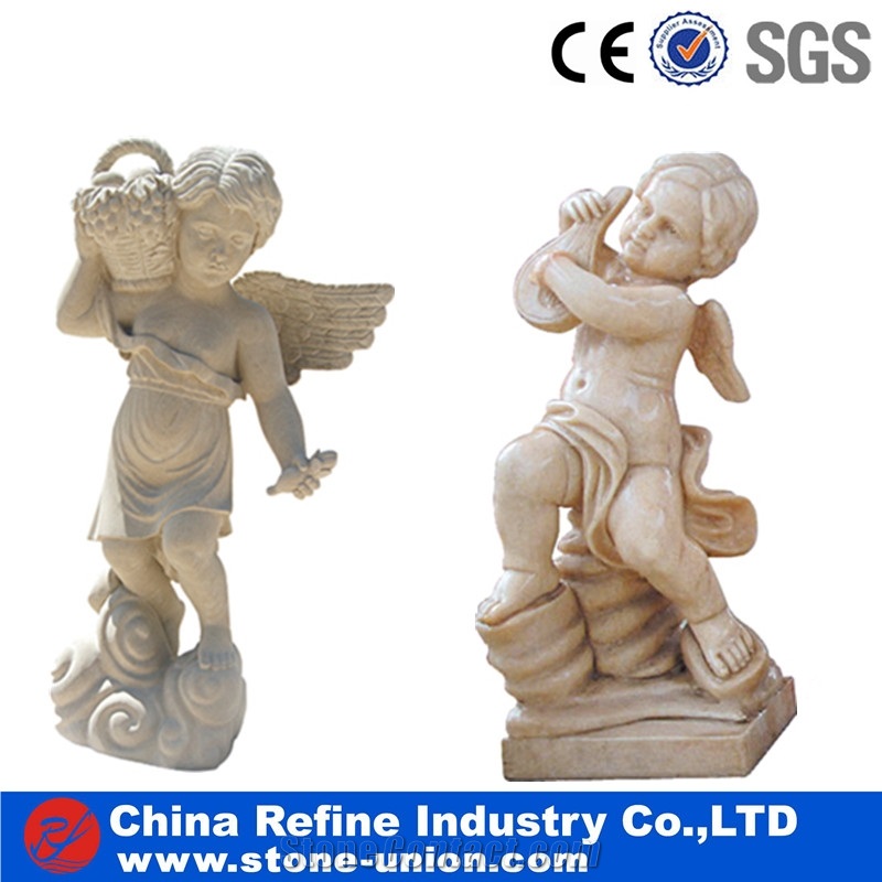 Beige Limestone Angel Statue, a Couple Angel Carved from Chinese Factory , Human Marble Sculpture