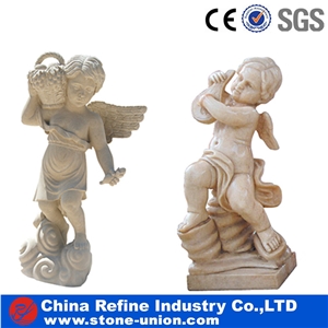 Beige Limestone Angel Statue, a Couple Angel Carved from Chinese Factory , Human Marble Sculpture