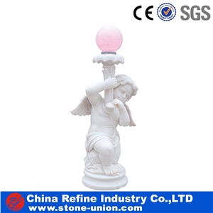 White Marble Angel with Pink Lamp, White Angel Statue Customzed Sized,Human Sculptures, Handcarved Sculptures, Religious Statues