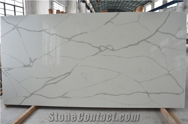 A Quality Calacatta White Marble Look Quartz Stone Solid Surfaces Polished Slabs Tiles Engineered Stone Artificial Stone Slabs for Hotel Kitchen,Bathroom Backsplash Walling Panel Customized Edge