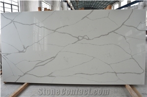 A Quality Calacatta White Marble Look Quartz Stone Solid Surfaces Polished Slabs Tiles Engineered Stone Artificial Stone Slabs for Hotel Kitchen,Bathroom Backsplash Walling Panel Customized Edge