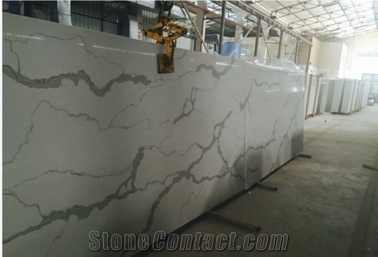A Quality Calacatta White Marble Look Quartz Stone Solid Surfaces Polished Slabs Tiles Engineered Stone Artificial Stone Slabs for Hotel Kitchen,Bathroom Backsplash Walling Panel Customized Edge