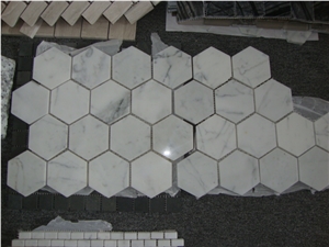 Hexagon Carrara Extra Polished Mosaic, Mugla White Marble Mosaic