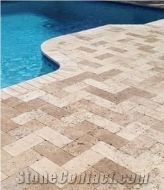 Classic Travertine 3x15x30.5 cm Tumbled Paver, Travertine 1.25" Thick 6x12 Paving Stone Turkey, Cream Beige Travertine Driveway Paving Stone