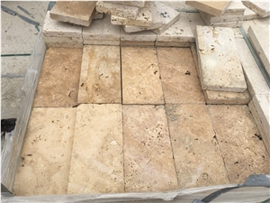Classic Travertine 3x15x30.5 cm Tumbled Paver, Travertine 1.25" Thick 6x12 Paving Stone Turkey, Cream Beige Travertine Driveway Paving Stone